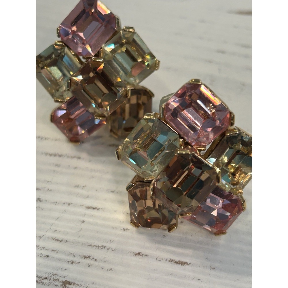 Ciner Vintage Pastel Spring Color Change Glass Rhinestone Clip Earrings Stunning